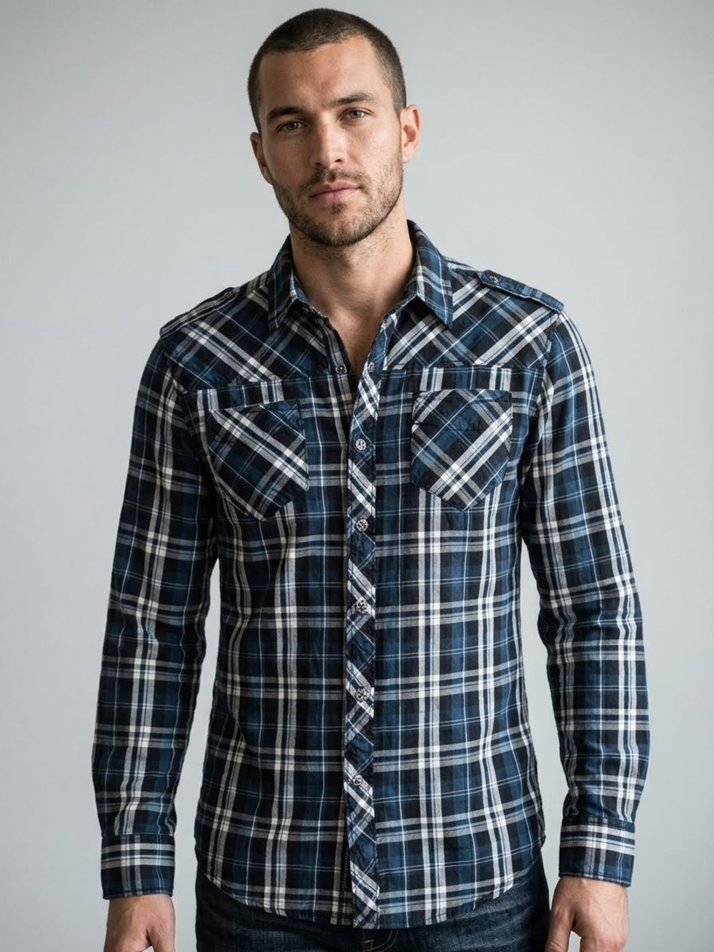 Affliction Shirt Button Down Men's Medium Plaid Long Sleeve Back Logo Read
